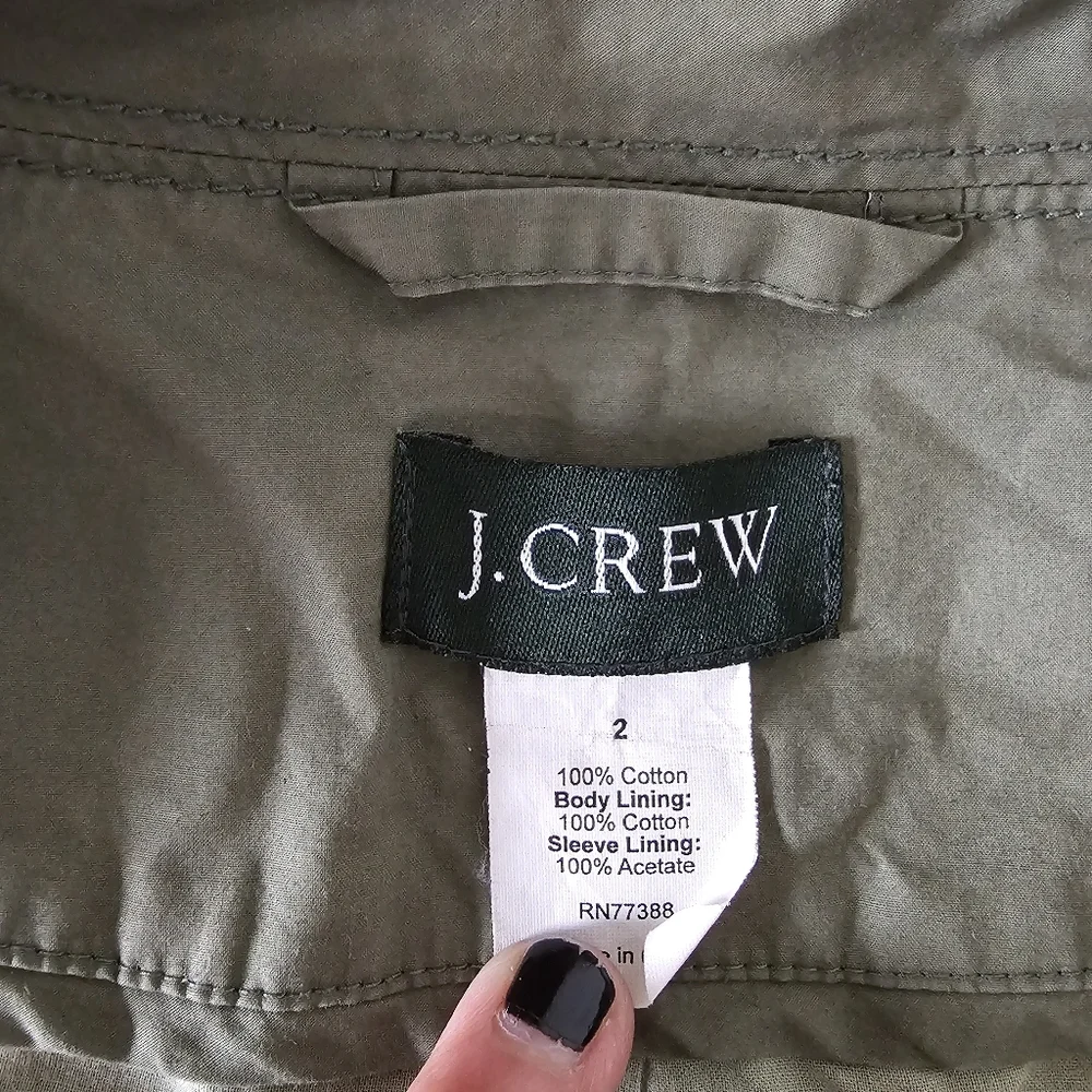 J. Crew women's jacket raincoat army green olive size 2 drawstring waist pockets